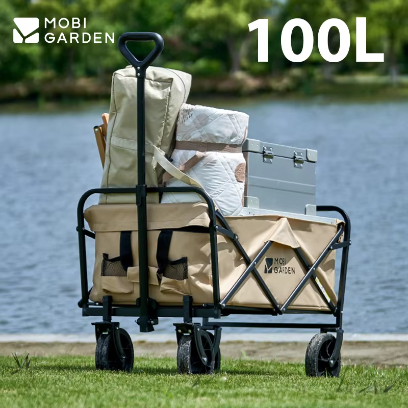 MOBI GARDEN 100L Folding Cart Wagon Large Capacity Camping Outdoor Travel Trolley Portable Double Brake Wheel Bearing 125KG
