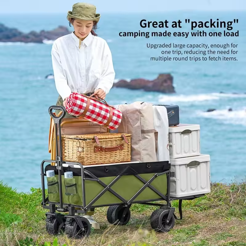 Wheeled Folding Cart Wagon Large Capacity Multifunction Cart Garden Park Outdoor Beach Camping Carts Portable Barbecue Trolley