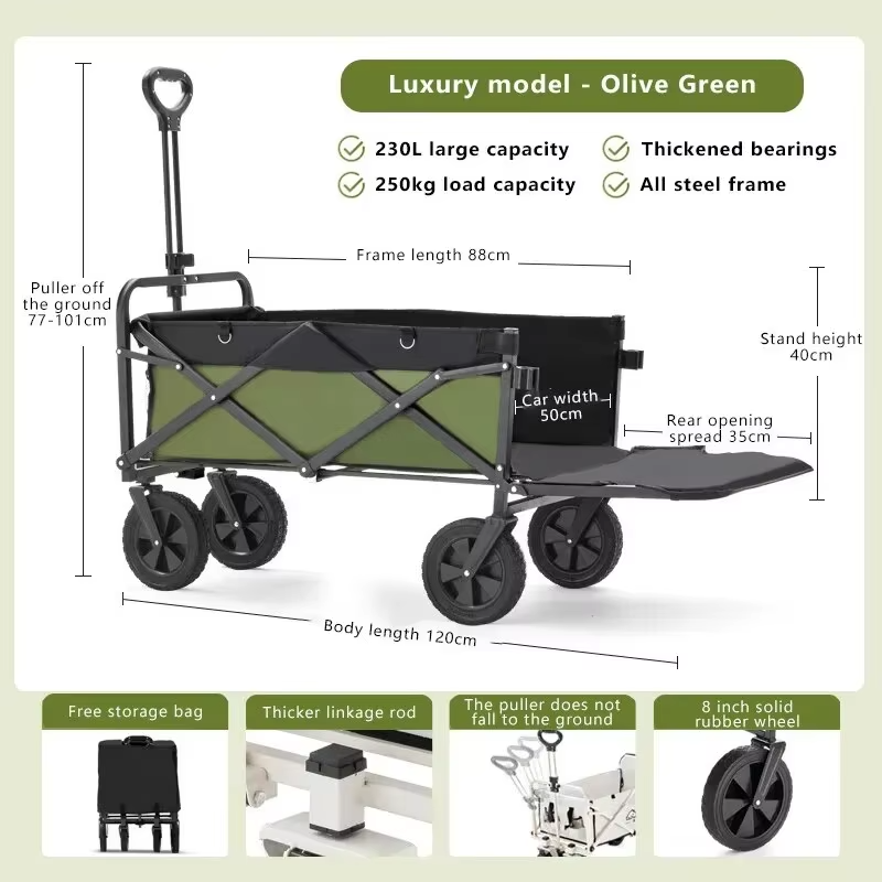 Wheeled Folding Cart Wagon Large Capacity Multifunction Cart Garden Park Outdoor Beach Camping Carts Portable Barbecue Trolley
