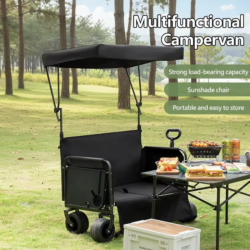 300kg Camping Cart Outdoor Camping Cart with Sunshade,  Folding Beach Wagon, Bench Wagon Pull Cart, with Cup Holder
