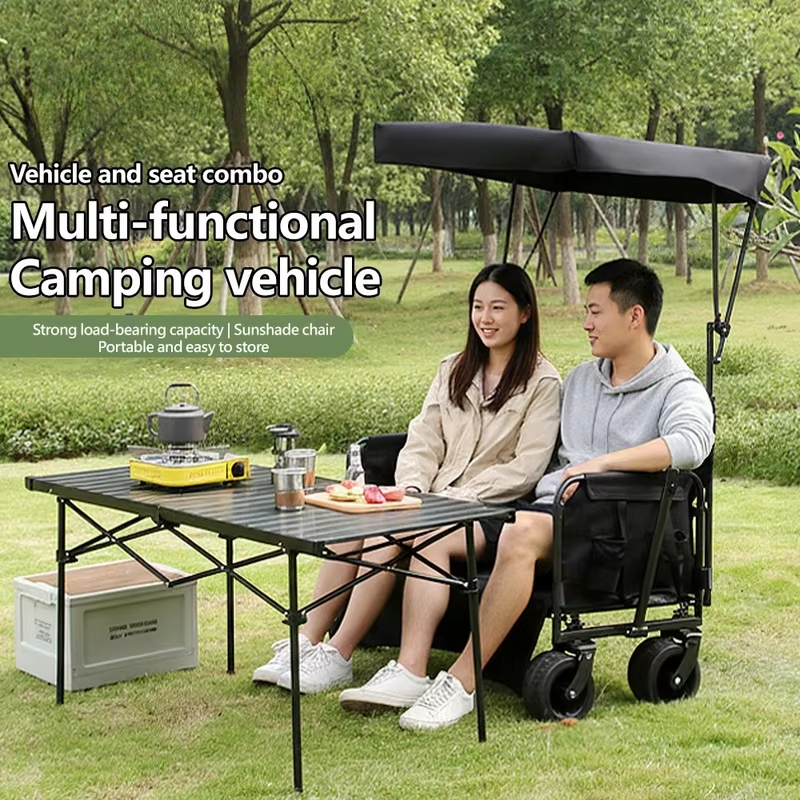 300kg Camping Cart Outdoor Camping Cart with Sunshade,  Folding Beach Wagon, Bench Wagon Pull Cart, with Cup Holder