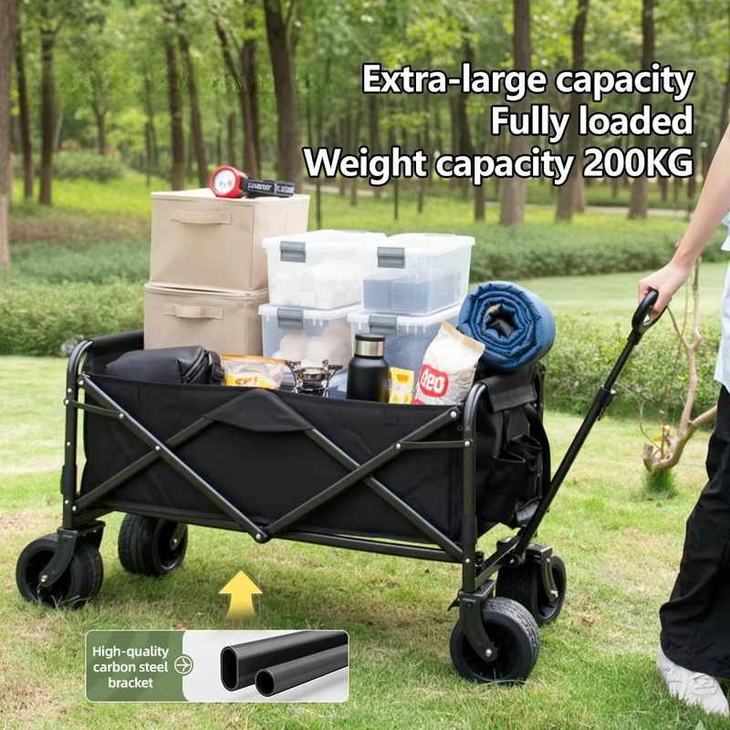 300kg Camping Cart Outdoor Camping Cart with Sunshade,  Folding Beach Wagon, Bench Wagon Pull Cart, with Cup Holder