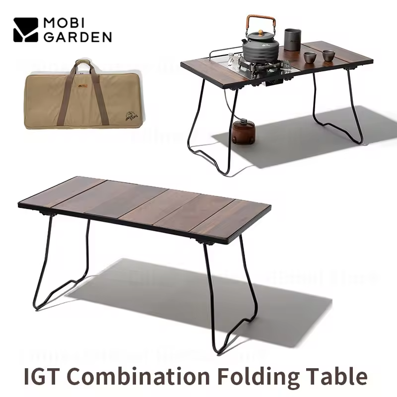 MOBI GARDEN Camping Outdoor Portable Table Hiking IGT Combination Black Walnut Table Folding Multipurpose Solid Wood Table BBQ