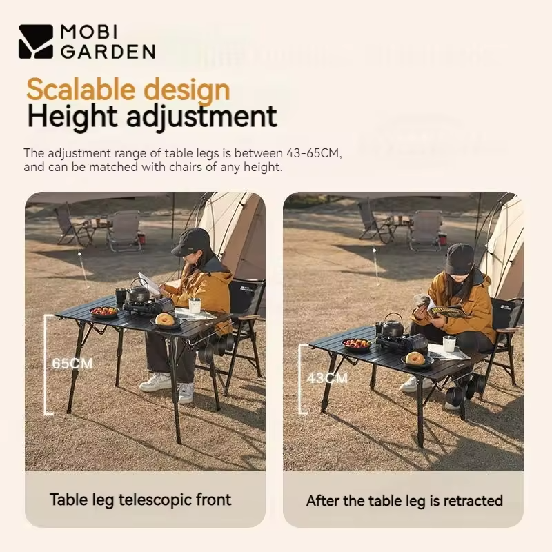 MOBI GARDEN Egg Roll Table Camping Aluminum Alloy Adjustable Lift Table Outdoor Folding Lightweight Portable Picnic Furniture