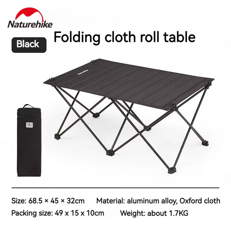 Naturehike Folding Cloth Roll Table Portable Outdoor Camping Picnic Storage Black Table Aluminum Alloy Bracket Bearing 30kg