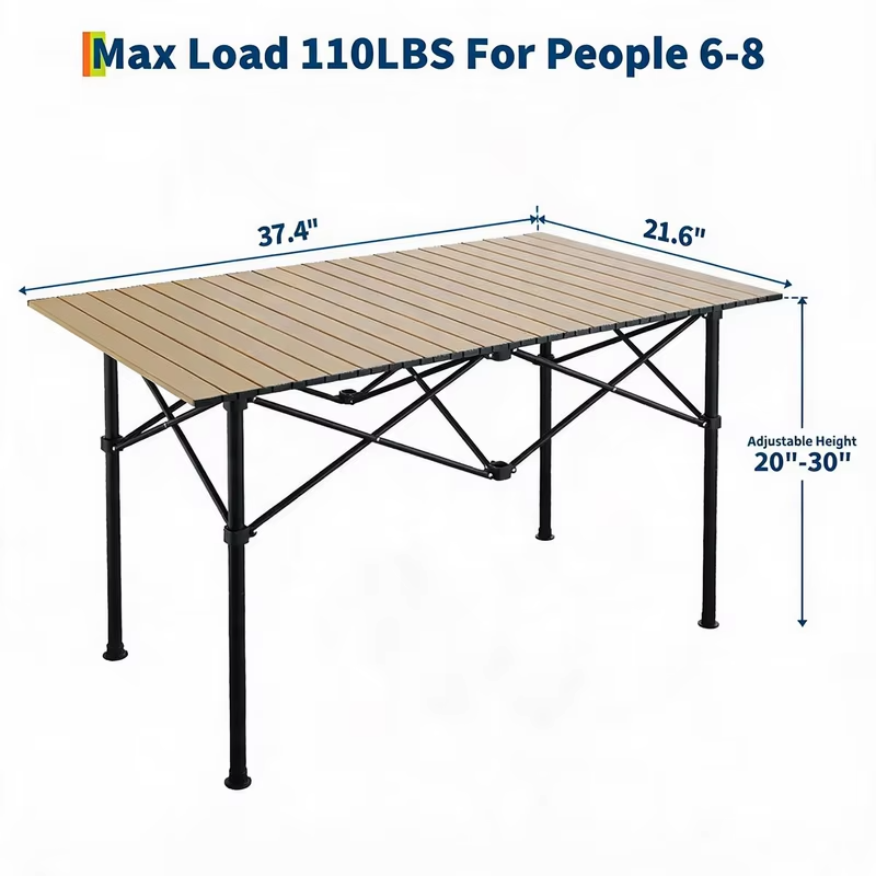 Adjustable Height Folding Camping Table, Portable Aluminum Roll Up Table With Carry Bag, 110lb Outdoor BBQ Patio Beach