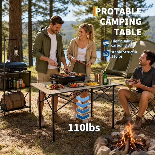 Adjustable Height Folding Camping Table, Portable Aluminum Roll Up Table With Carry Bag, 110lb Outdoor BBQ Patio Beach