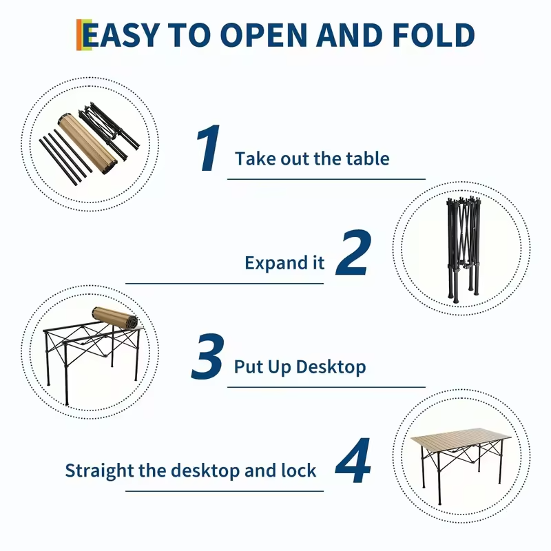 Adjustable Height Folding Camping Table, Portable Aluminum Roll Up Table With Carry Bag, 110lb Outdoor BBQ Patio Beach