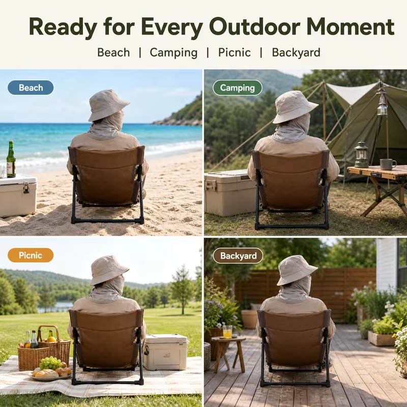 Portable Folding Beach Chair Lightweight Waterproof Oxford Cloth Heavy‑Duty Outdoor Camping Chair with Carry Bag Side Pocket