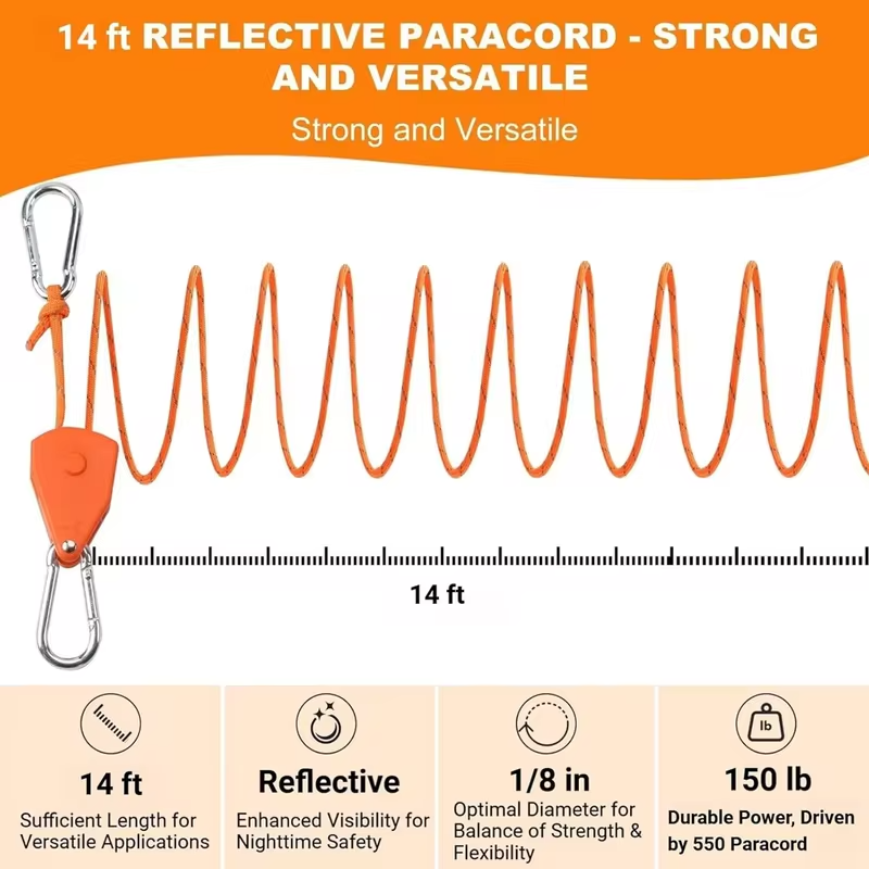 4m 6pcs Reflective Camping Tent Rope Tie Down Fastener Fixed Buckle Pulley Tensioner Ratchet Hangers Awning Wind Rope Outdoor