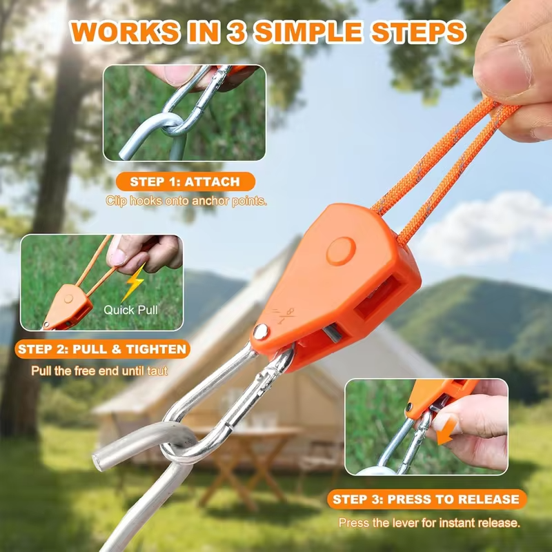 4m 6pcs Reflective Camping Tent Rope Tie Down Fastener Fixed Buckle Pulley Tensioner Ratchet Hangers Awning Wind Rope Outdoor
