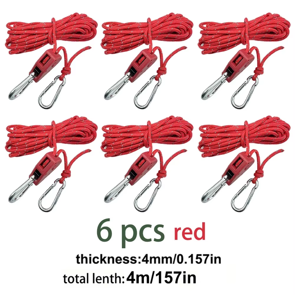 4m 6pcs Reflective Camping Tent Rope Tie Down Fastener Fixed Buckle Pulley Tensioner Ratchet Hangers Awning Wind Rope Outdoor