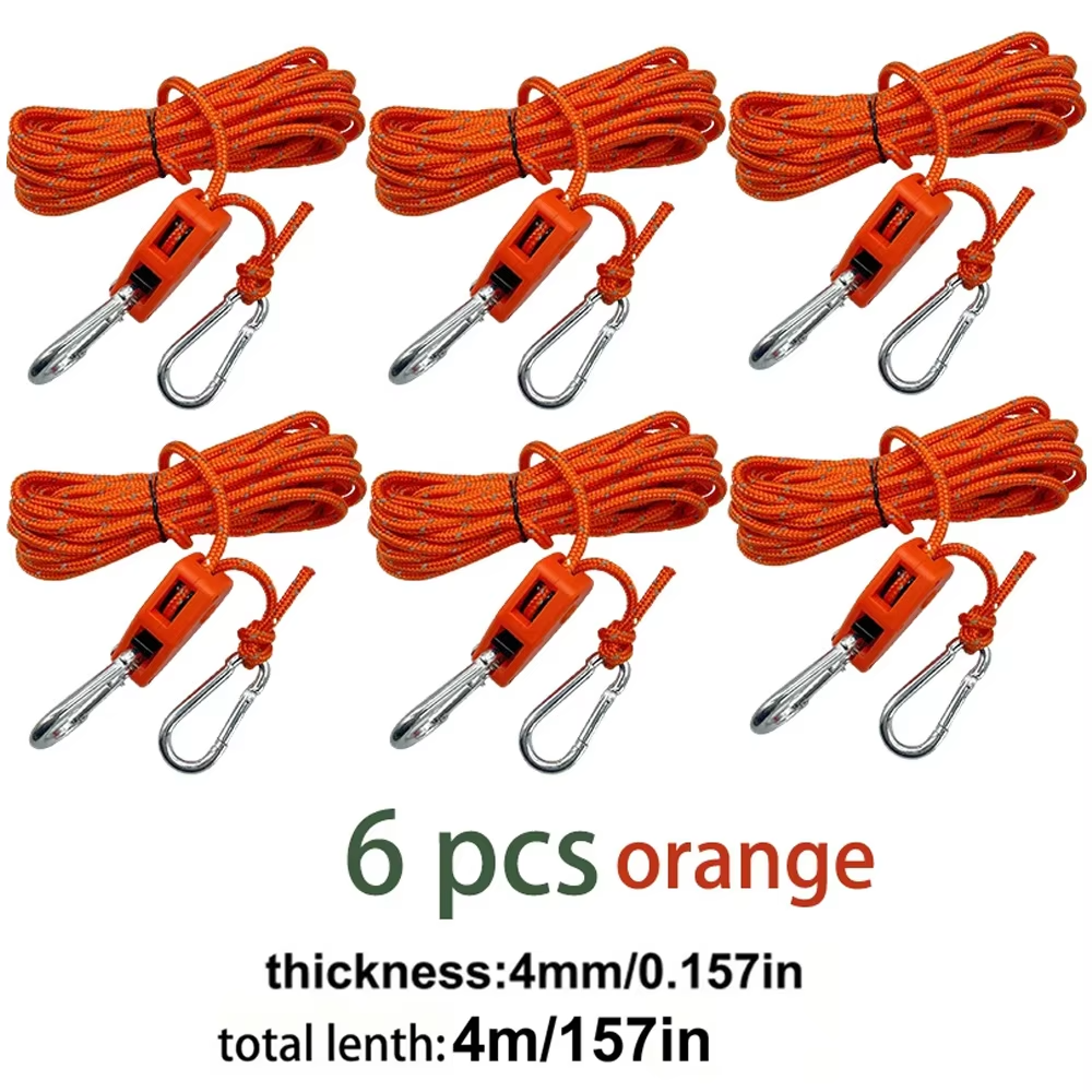 4m 6pcs Reflective Camping Tent Rope Tie Down Fastener Fixed Buckle Pulley Tensioner Ratchet Hangers Awning Wind Rope Outdoor