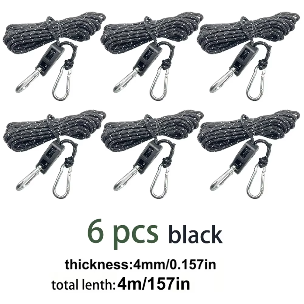 4m 6pcs Reflective Camping Tent Rope Tie Down Fastener Fixed Buckle Pulley Tensioner Ratchet Hangers Awning Wind Rope Outdoor
