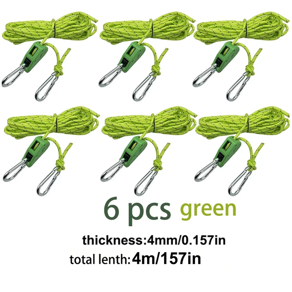 4m 6pcs Reflective Camping Tent Rope Tie Down Fastener Fixed Buckle Pulley Tensioner Ratchet Hangers Awning Wind Rope Outdoor