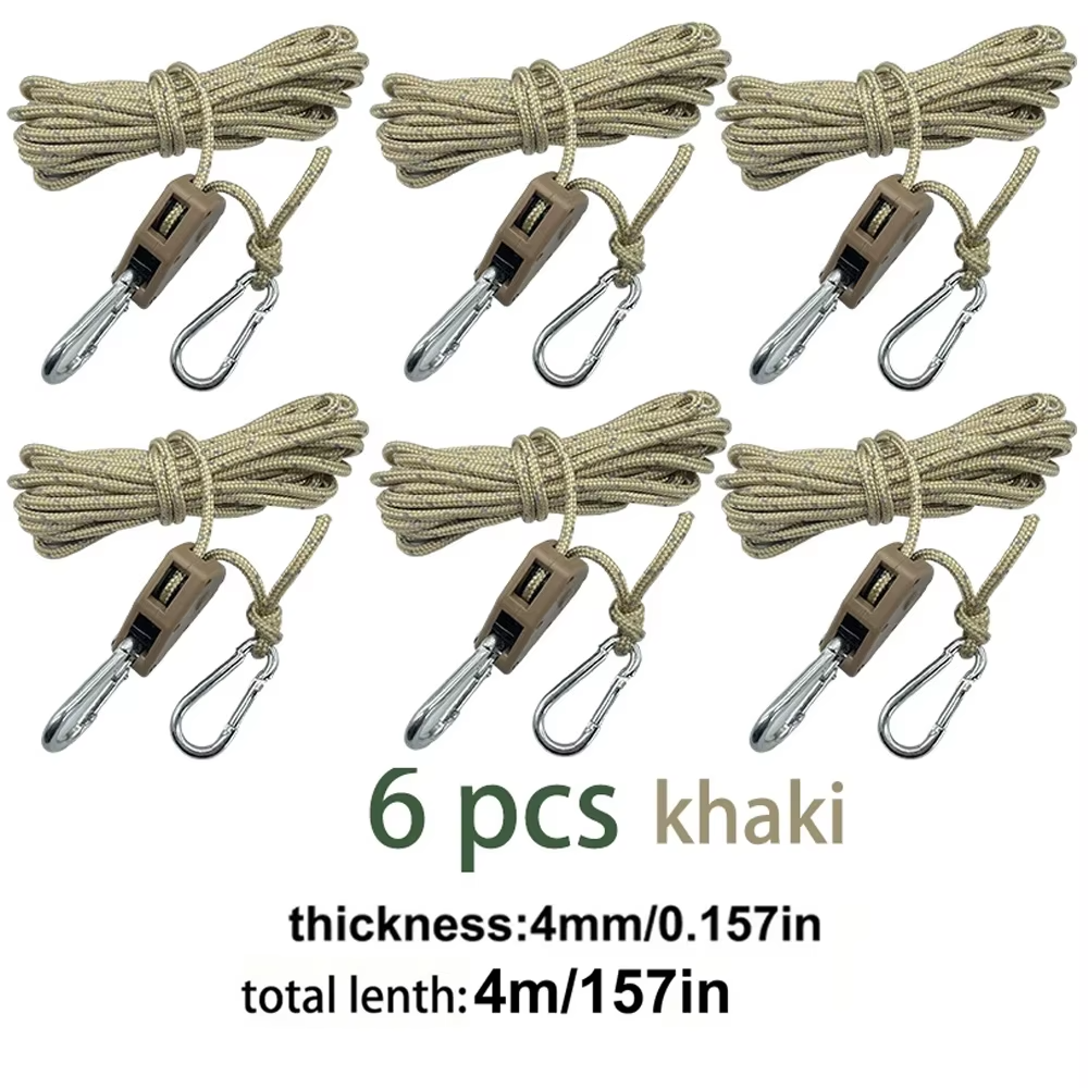 4m 6pcs Reflective Camping Tent Rope Tie Down Fastener Fixed Buckle Pulley Tensioner Ratchet Hangers Awning Wind Rope Outdoor