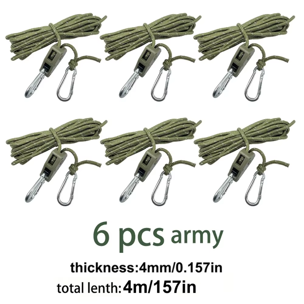 4m 6pcs Reflective Camping Tent Rope Tie Down Fastener Fixed Buckle Pulley Tensioner Ratchet Hangers Awning Wind Rope Outdoor
