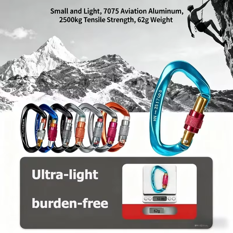 Outdoor Professional Rock Climbing Accessories Aluminum Carabiner 25kN Lock D-Shape Safety Buckle For Keys Tools Equipment